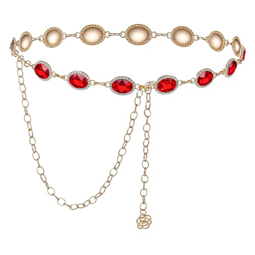 Red Chain Belt, Western Concho Chain Belt for Women Adjustable Vintage Waist Link Belts Cowgirl Turquoise Boho Diamond Gems Glass Diamond Chain Belts for Dresses Jeans