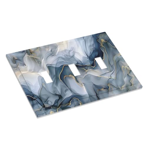 Decorative Switch Plate Covers Abstract Ink Blue Marble Glod Line Texture 3 Gang Light Switch Cover Plate Triple Toggle Wall Plate Outlet Covers for Bathroom Kitchen Decor
