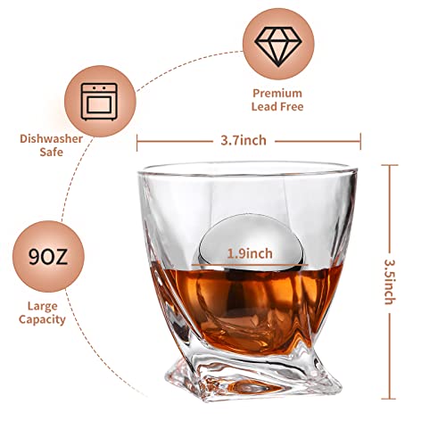 Old Fashioned Whiskey Glasses,Set Of 6 (2 Crystal Bourbon Glasses,2 Stainless Steel Ice Balls,2 Round Big Ice Molds )-9 Oz Whiskey Rocks Glass For Scotch Cocktail Rum Cognac Vodka Liquor,Gift For Men #TOP1