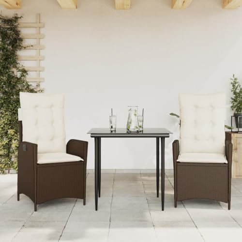 KCCKOM Garden Furniture Set 3 Piece Patio Dining Set with Cushions Brown Poly Rattan