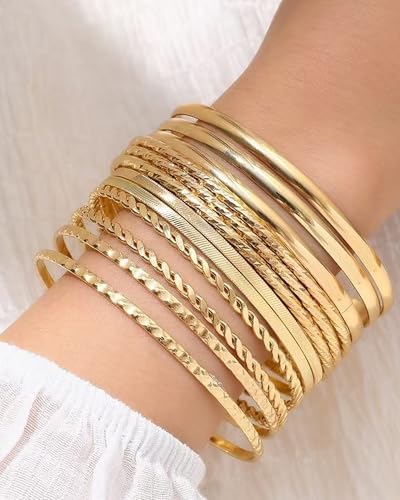 12 Pcs Indian Bangles for Women Vintage Stackable 14k Gold Plated Indian Bangle Bracelets Adjustable Minimalist Textured Gold Brac-elets Wedding Party Prom Jewelry Gifts3