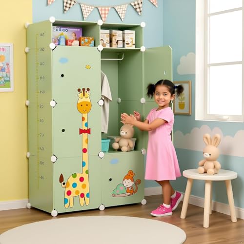Image of Sunderlook Plastic Wardrobe for Kids Clothes - Professional Collapsible Wardrobe, Easy to Use Foldable Almirah, Plastic Cupboard for Kids for Home (Green-S3, 6 + 2 Door)
