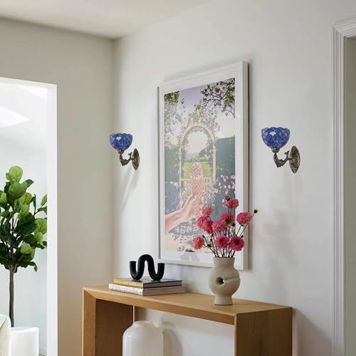 Image of Blue Purple Fish Scales Tiffany Wall Sconce 8 inch Stained Glass Wall Light with E26 Base Vintage Art Deco Wall Lamp for Bedroom Hallway Living Room Home Office (Blue Purple Fish Scales)