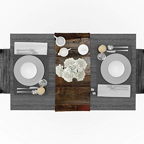 Linen Burlap Table Runner 18X72 Inches Long, Brown Old Wooden Board Farmhouse Table Cloth Dresser Scarf For Holiday Parties, Dining Room, Home Kitchen, Wedding Decorations #TOP2