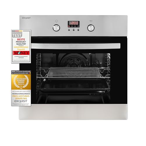 Exquisit EBE 65-1H Einbaubackofen | 58 Liter Backofenvolumen | Heißluft | Timer | versenkbare Knebel | Edelstahl