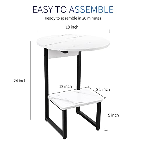 Round Side Table With White Marble Top, Small End Table For Living Room Bedroom, Modern Nightstand With Storage Shelf, Accent Table With Metal Frame, Black #TOP2