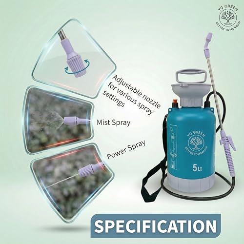 Image of Yo Green 5L Pressure Sprayer - Super Pump Spray Bottle for Gardening, Lawn & Indoor Plants, Adjustable Mist /Jet Nozzle, Durable Hand Compression Watering Can