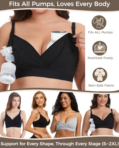 Image of Pumping Bra Hands Free Adjustable V Neck Nursing and Pumping Bra with Nursing Pads Holding Breast Pumps