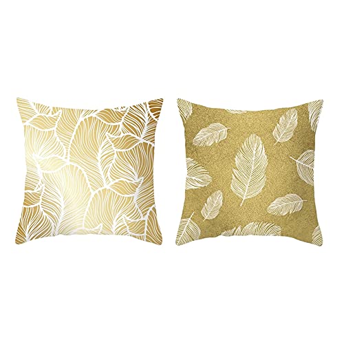 Lieson Housse de Coussin Lot de 2 50x50, Housse de Coussin Imprimé Blanc Or Coussin Moderne pour Canapé Feuilles, Polyester
