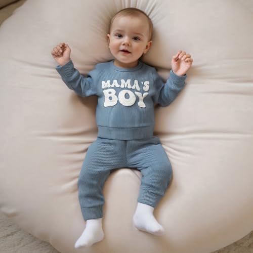 Infant Fall Winter Outfit Waffle Baby Boy Clothes Letter Long Sleeve Sweatshirt and Stretch Pants 6 12 18 24M Set2