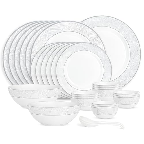 Image of Larah by Borosil 29pc Opalware Ivy Dinner Set for Family of 6 | Microwave & Dishwasher Safe Crockery Set for Dining & Gifting | Plates & Bowls