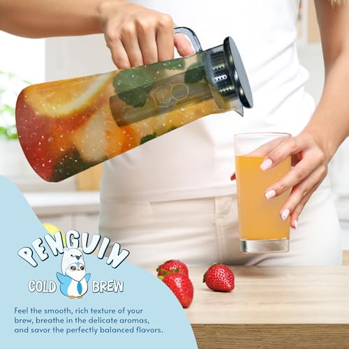 Penguin Cold Brew Cafeteira e chá – Jarra premium de 2 litros – Infusor de aço inoxidável com núcleo