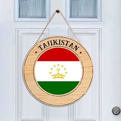 Cheyan Wooden Sign Tajikistan Round Wood Hanging Door Sign 12"x12" for Front Door Wall Rustic Farmhouse Porch Decor, Tajikistan Flag