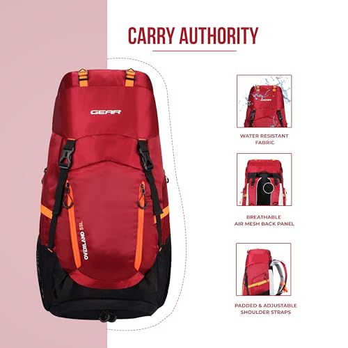 Image of Gear Overland 55L Extra Large Water Resistant Rucksack /Travel bag /For Men & Women(Maroon - Black)