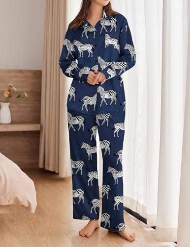 Ekouaer Womens Satin Silky Pajama Set 2 Piece Print PJs Soft Loungewear Button Down Sleepwear with Elastic Waist Long Pants