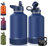 CIVAGO 64 oz Insulated Water Bottle With Straw, Half Gallon Stainless Steel Sports Water Flask Jug with 3 Lids (Straw, Spout and Handle Lid), Large Metal Thermal Cup Mug, Navy Blue