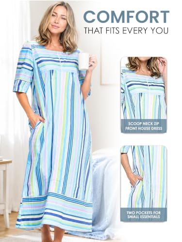 Image of Casual Nights Women's Zip Front Woven House Dress | 3 /4 Sleeves Housecoat Long Duster Lounger