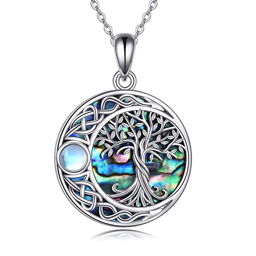 YAFEINI Tree of Life Necklace S925 Sterling Silver Moonstone Abalone Tree of Life Necklace Celtic Family Tree Jewelry Gifts for Women