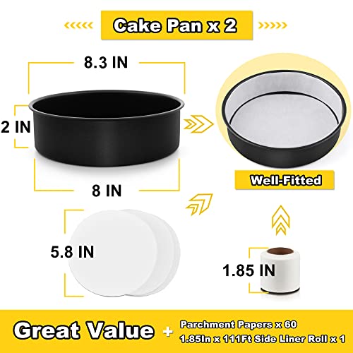 E-Far 8 Inch Cake Pans Set Of 2, Nonstick Stainless Steel Small Round Baking Pans With Parchment Paper & Side Liner Roll, Stainless Steel Core & Non-Toxic Coating, Straight Side & 2 Inch Deep #TOP1