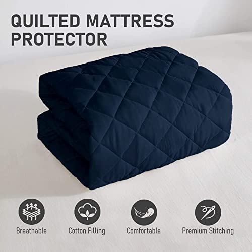 Image of Waterproof Cotton Quilted Mattress Protector King Size (72x78 Inch | 6x6.5 Ft) | Breathable, Noiseless Ultra Soft Elastic Fitted Bed Protector | Washable Bed Cover | Dark Blue