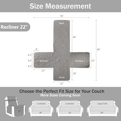 Image of Gray Quilted Recliner Chair Covers, Waterproof Recliner Slipcovers, Lazy Boy Chair Covers, Pet Friendly Recliner Cover for Dogs Cats, Washable Furniture Protector (Recliner 22 inch, Cool Gray)