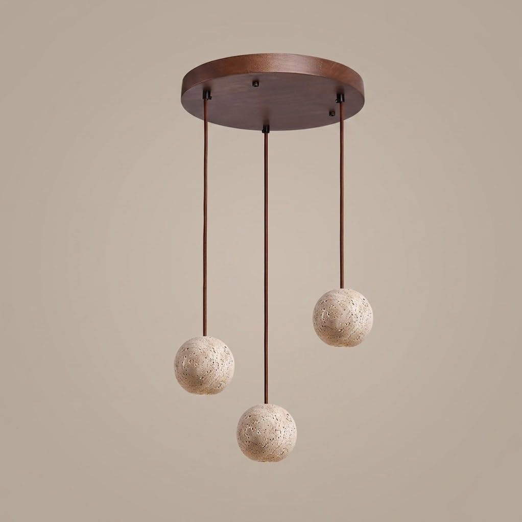 COSRUB Japanese Globe Travertine Pendant Light, Mini Ball Stone Hanging Lamp Fixture Minimalist Rustic Multi Light Chandelier for Living Room Entryway Dining Room(3 Light)