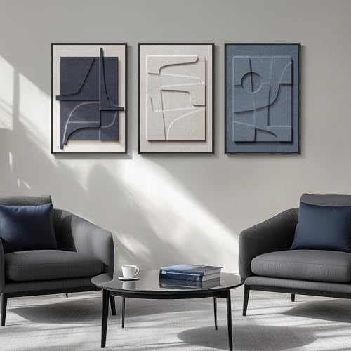 3D Textured Framed Blue and White Abstract Wall Art, 3 Piece Modern Artwork for Walls, Minimalist Navy Blue Geometric Wall Paintings for Living Room, Bedroom, Dining Room, Office Wall Decor 16x24 In by Cuspin - Used condition - Image 4