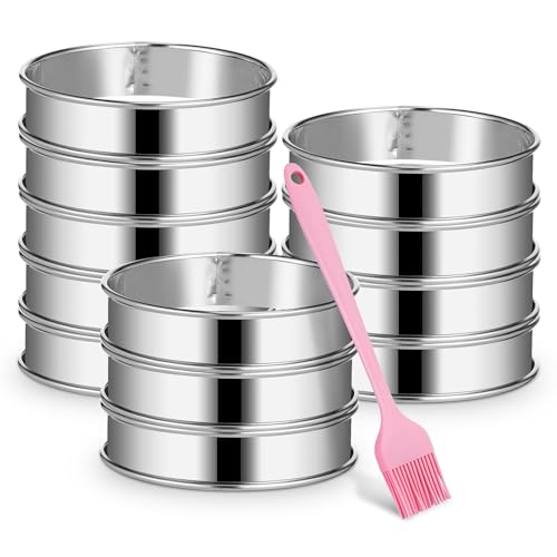 PRETYZOOM 1set Stainless Steel Muffin Rings with Basting Brush Round Cookie Baking Rolled-edge Design for Cookies Cakes and Burgers Easy to Clean