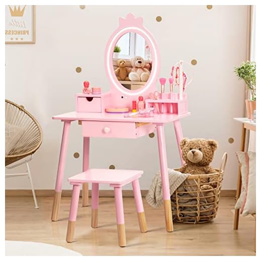 BRINJOY Kids Vanity Set with Lighted Mirror, Wooden Make Up Beauty Dressing Table with Stool & Jewelry Rack & Storage Board, Children Princess Vanity Table Pretend Playset for Girls