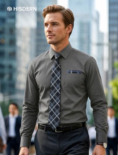 Image of HISDERN Mens Dress Shirt with Tie Pocket Square Set Classic Button Down Shirt Matching Tie Long Sleeve Shirts