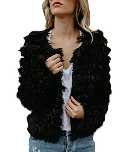 Womens Open Front Faux Fur Cardigan Vintage Parka Shaggy Jacket Coat Black