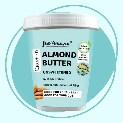 Image of Jus' Amazin Crunchy Almond Butter - Unsweetened (1 Kg Tub) | 25% Protein | Only Whole Almonds (100% Pure) | Zero Additives | 100% Natural | Dairy Free | Keto | Plant Based Nutrition | Clean Nutrition