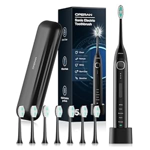 Operan Electric Toothbrush for Adults and Kids Sonic Rechargeable Toothbrush with 5 Modes 2-Min Smart Timer IPX7 Waterproof 40,000 VPM Motor with 8 Brush Heads & Travel Case (Deep Black)