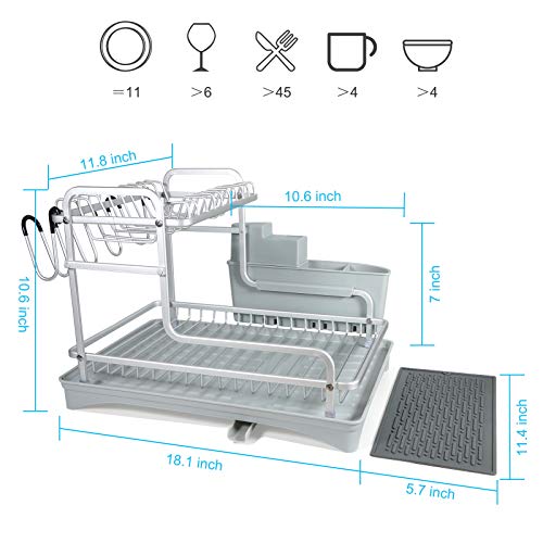 TBMax Dish Drying Rack with Drainer Tray/Utensil Holder/Cup Hanger, 2-Tier Never Rust Aluminum Sink Dish Drainer Drying Rack with for Kitchen Countertop -Silver - Thumbnail 5