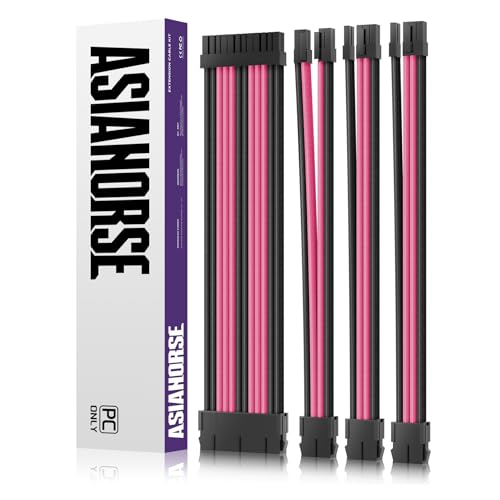 Image of AsiaHorse Upgraded 16AWG PSU Cable Extension Sleeved Custom Mod GPU PC Power Supply Soft Braided Cables (Black-Pink) with Two Color Comb Kit 24P /8P to 6+2P /8P to 4+4P 30CM