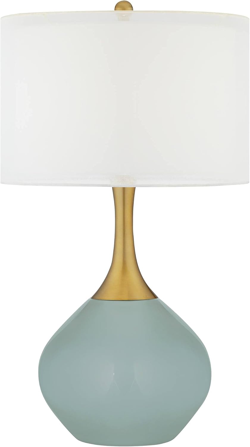 Color + Plus Nickki 30 1/2" Tall Large Mid Century Modern Coastal Glass End Table Lamp Aqua-Sphere Blue Gold Brass Finish Metal Base Single White Shade Living Room Bedroom Bedside Nightstand House