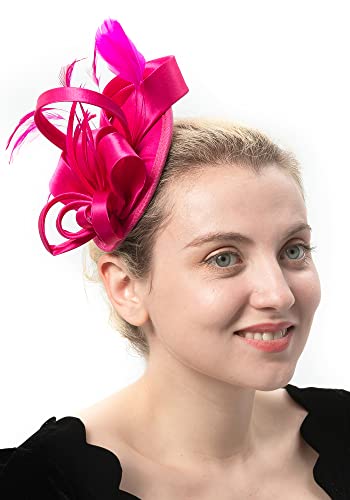 FELIZHOUSE Fascinator Hats for Women Ladies Feather Cocktail Party Hats Bridal Headpieces Ascot Fascinator Headband (#1 Satin Fuchsia)
