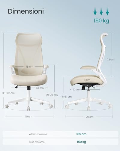 Sedia da Ufficio, Sedia da Scrivania, Schienale Ergonomico, Altezza Regolabile, Braccioli Ribaltabili, Poltrona Girevole con Poggiatesta, Portata 150 kg, Beige Cappuccino OBN088K01 - Sedia gaming - Immagine 5