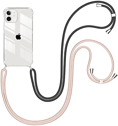 Caslord Crossbody Case for iPhone 12/12 Pro 6.1, Necklace Mobile Phone Cover with 2 Adjustable Lanyard Straps, Transparent Soft TPU Lanyard Case with Neck Cords (Black+Golden Pink)