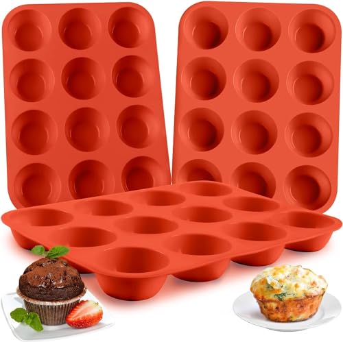 ProBytes Silicone 12 Cups Muffin Tray/Mould - Non-Stick, BPA-Free, Baking Tray/Tin, Dishwasher & Oven Safe, Dessert, Fairy Cakes, Cup Cakes, Brownies, Yorkshire Pudding, Freezing - Red
