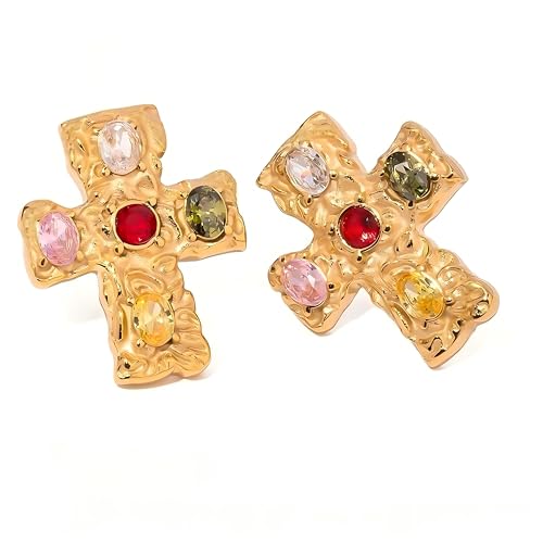 MAX 18K Gold Plated Hammered Cubic Zirconia Cross Pendant Necklace, Studs Earrings | Hypoallergenic All-match Luxury Black String Necklace, Stud Earrings | Ingenious Design Cross Faith Pendant Necklace, Studs Earrings for Women