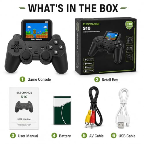 Image of S10 Handheld Video Game Console with 520 Built-in Retro Games, 2.4 Inch Colour Screen, Rechargeable Portable Game Player with TV Output, Ergonomic Controller Design, Gift for Kids, Black