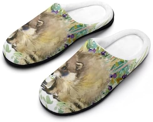MUSTY Raccoon Watercolor Women Cotton Slippers Warm Plush House Shoes Non-Slip Sole For Indoor Outdoor | Image 2