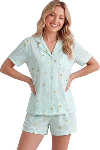 Image of LUBOT 100% Cotton Pajamas for Women 2 Piece PJ Set Button-Down Soft Knit Short Sleeve Summer Sleepwear Loungewear XS-XXL