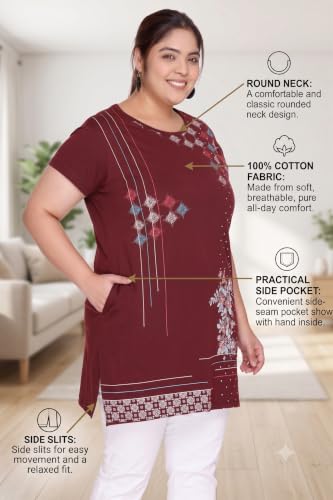 Image of Women Printed Cotton Tshirt with Side Slits & Pocket