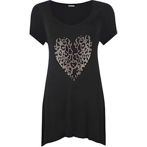 Womens Plus Size Gold Animal Heart Hanky Hem Ladies Short Sleeve Long Top (M/L (UK 12-14), Black) Cover