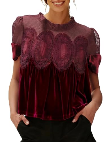 Gozoloma Women's Velvet Lace Blouse Casual Round Neck Short Sleeve