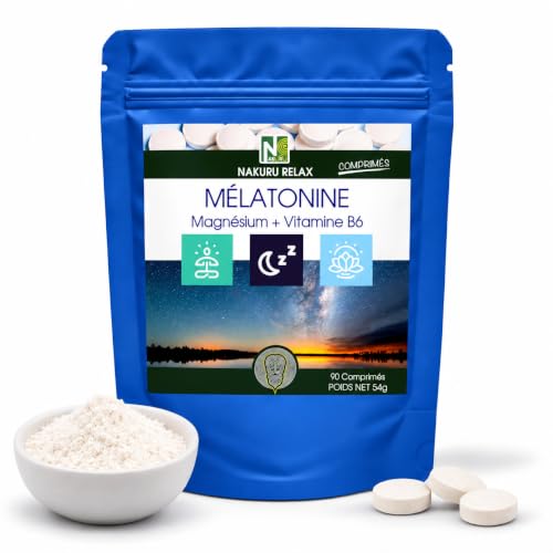 NAKURU | Mélatonine Forte 1,8mg - Magnésium - Vitamine B6 | 90 Comprimés de 600mg | Gamme Relax | Fabriqué en France/Poids Net: 54g