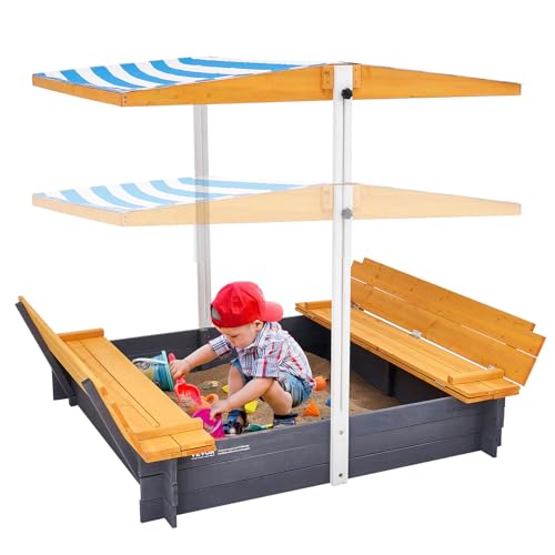 VEVOR Caja de Arena de Madera con Dosel, 145,5 x 120 x 120 cm, Arenero con Bancos Plegables y Revestimiento Inferior Caja de Arena para Niños de 3 a 12 Años para Exteriores, Patio, Playa, Parque