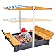 VEVOR Holzsandkasten mit Überdachung, Sandkasten, Sandgrube mit klappbaren Sitzbänken und Bodeneinlage, Naturholz-Sandkasten für Kinder für den Garten, Geschenk für Kinder im Alter von 3–12 Jahren